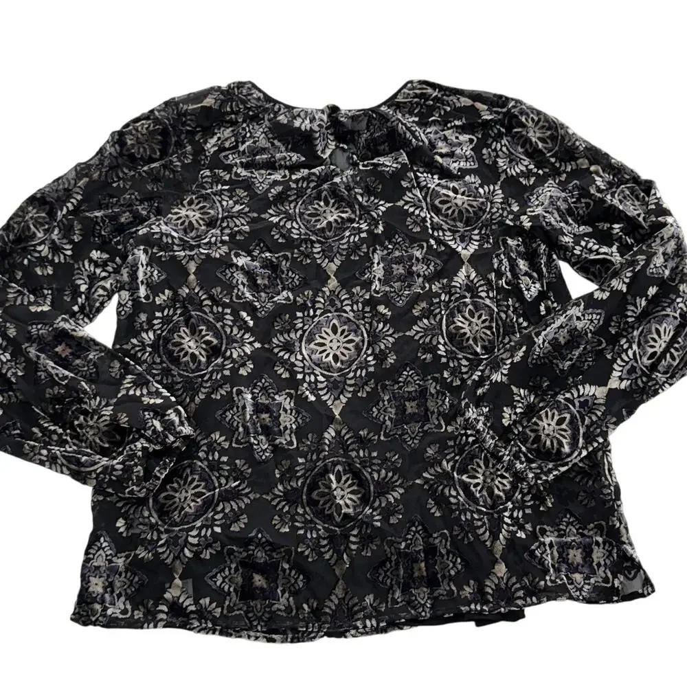 NYDJ Blouse Women‎ XS Black Velvet Burnout Medallion Boho Sheer Long Sleeve